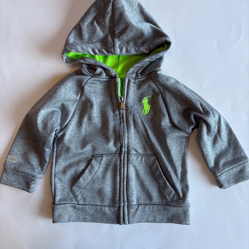 Polo Ralph Lauren Boys 12M Gray Neon Green Full Zip Performance Fleece Hoodie